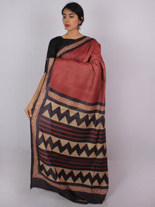Tussar Handloom Silk Hand Block Printed Saree in Dark Vermilion Red Purple Beige - S031701205