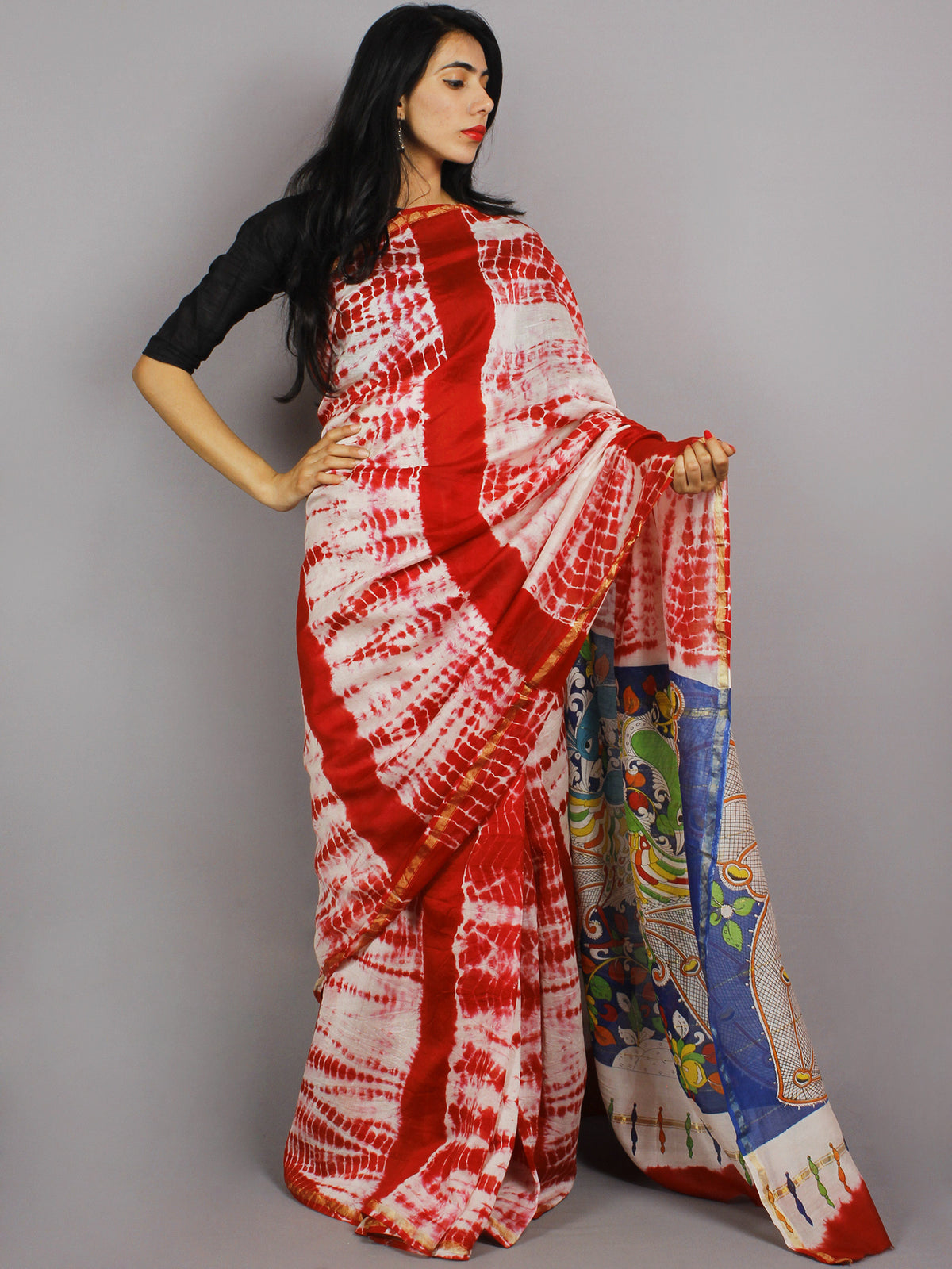 Red Ivory Multi Color Hand Shibori Dyed With Kalamkari Pallu Chanderi Silk Saree - S031701209