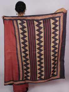 Tussar Handloom Silk Hand Block Printed Saree in Dark Vermilion Red Purple Beige - S031701205