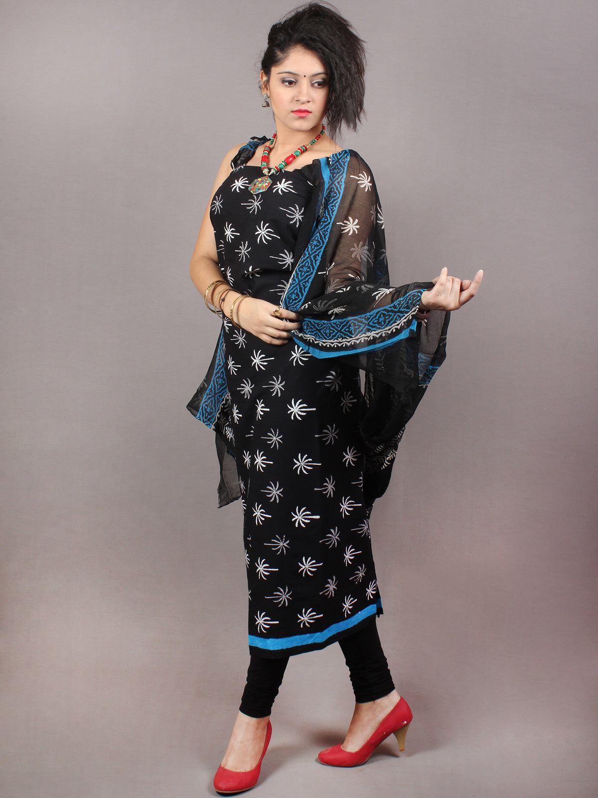 Black White Hand Block Printed Cotton Suit-Salwar Fabric With Chiffon Dupatta - S1628121