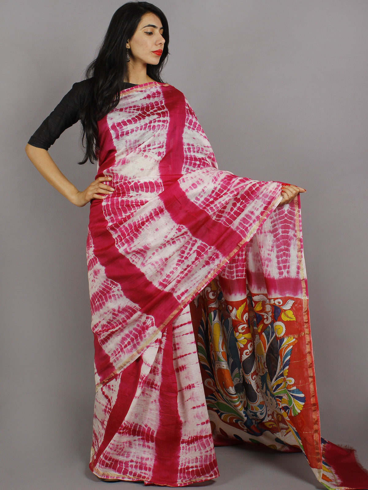 Pink Ivory Red Multi Color Hand Shibori Dyed With Kalamkari Pallu Chanderi Silk Saree - S031701210