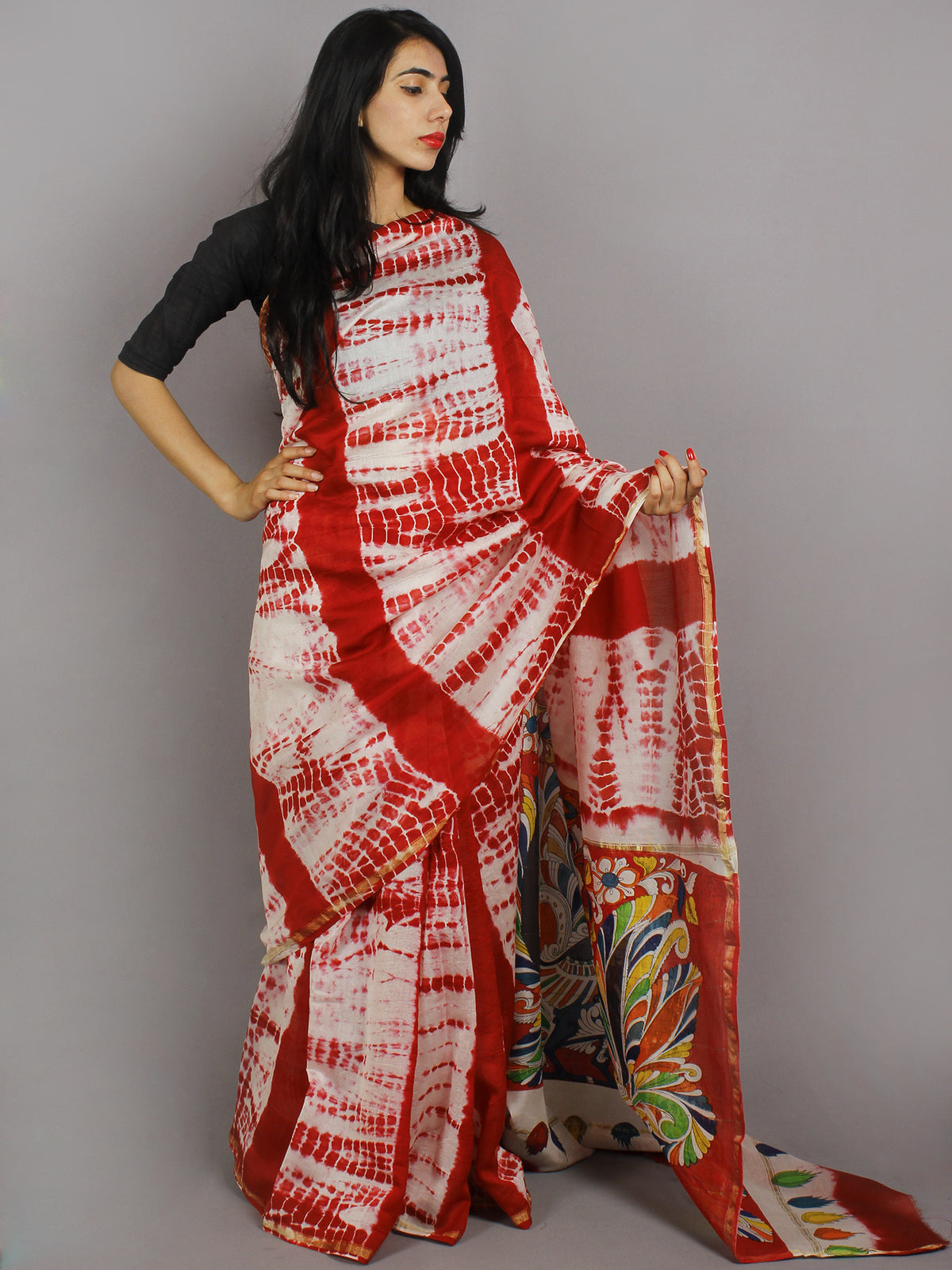 Red Ivory Multi Color Hand Shibori Dyed With Kalamkari Pallu Chanderi Silk Saree - S031701211