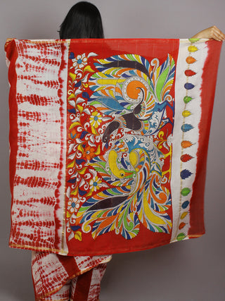 Red Ivory Multi Color Hand Shibori Dyed With Kalamkari Pallu Chanderi Silk Saree - S031701211