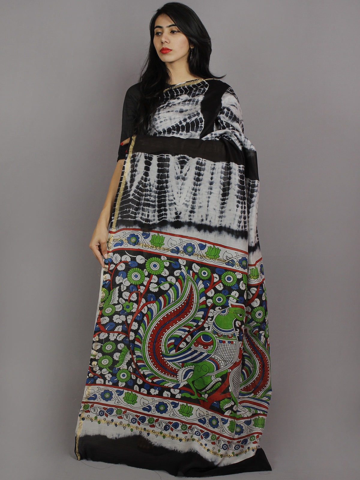Black Ivory Multi Color Hand Shibori Dyed With Kalamkari Pallu Chanderi Silk Saree - S031701214
