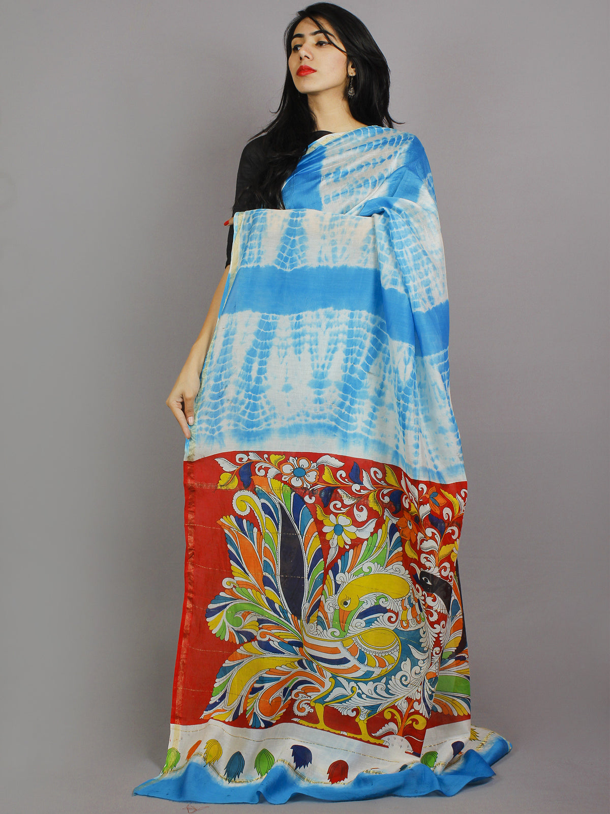 Azure Blue Ivory Multi Color Hand Shibori Dyed With Kalamkari Pallu Chanderi Silk Saree - S031701217