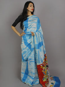 Azure Blue Ivory Multi Color Hand Shibori Dyed With Kalamkari Pallu Chanderi Silk Saree - S031701217