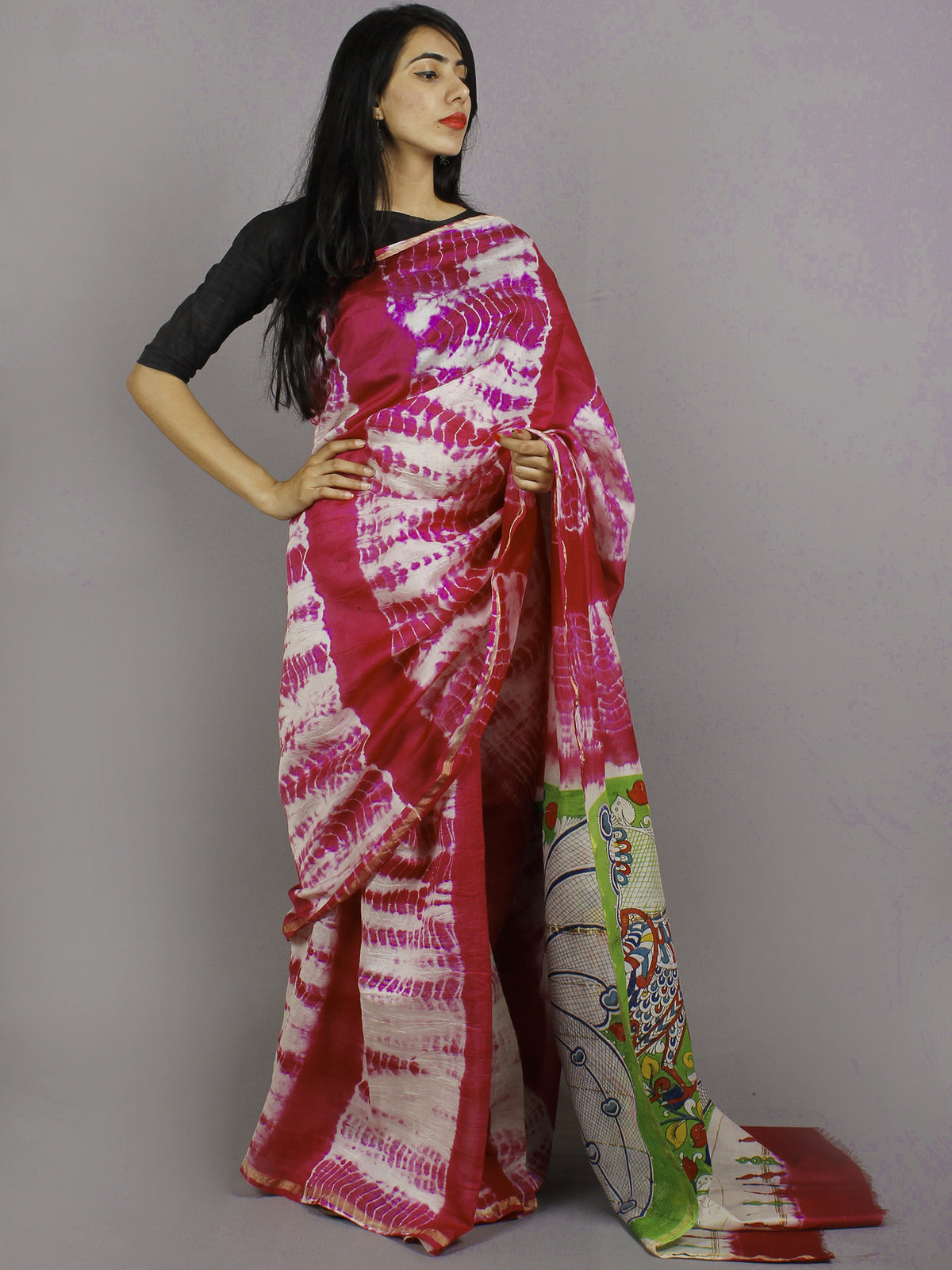 Pink Ivory Multi Color Hand Shibori Dyed With Kalamkari Pallu Chanderi Silk Saree - S031701220