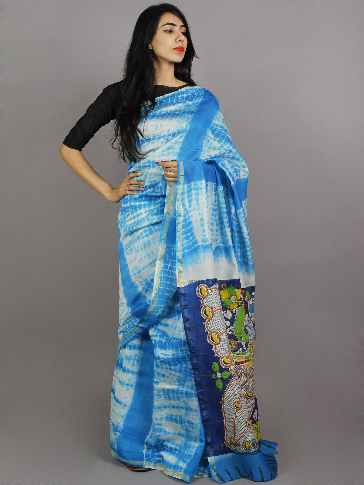 Azure Blue Ivory Multi Color Hand Shibori Dyed With Kalamkari Pallu Chanderi Silk Saree - S031701221
