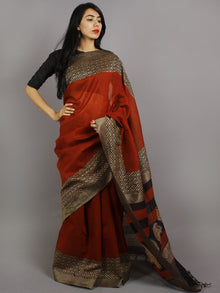 Maroon Beige Black Hand Block Printed & Hand Painted in Natural Vegetable Colors Chanderi Saree With Ghicha Border - S031701223