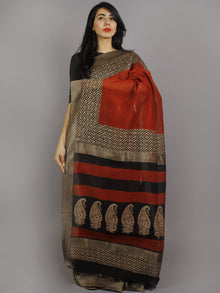 Maroon Beige Black Hand Block Printed & Hand Painted in Natural Vegetable Colors Chanderi Saree With Ghicha Border - S031701223