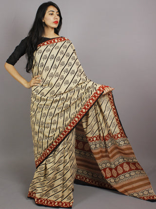 Beige Black Maroon Cotton Hand Block Printed Saree in Natural Colors - S031701224