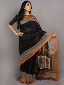 Black Beige Brown Hand Block Printed & Hand Painted in Natural Vegetable Colors Chanderi Saree With Ghicha Border - S031701225