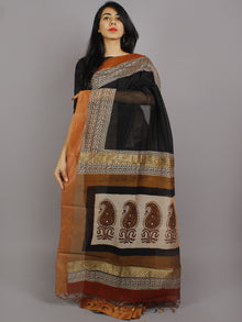 Black Beige Brown Hand Block Printed & Hand Painted in Natural Vegetable Colors Chanderi Saree With Ghicha Border - S031701225