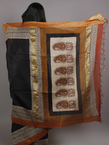 Black Beige Brown Hand Block Printed & Hand Painted in Natural Vegetable Colors Chanderi Saree With Ghicha Border - S031701225