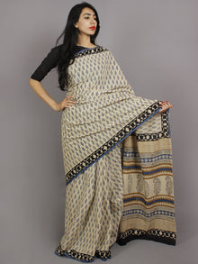 Beige Blue Black Hand Block Printed in Natural Colors Cotton Mul Saree - S031701228