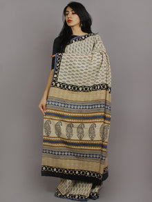 Beige Blue Black Hand Block Printed in Natural Colors Cotton Mul Saree - S031701228