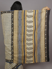 Beige Blue Black Hand Block Printed in Natural Colors Cotton Mul Saree - S031701228