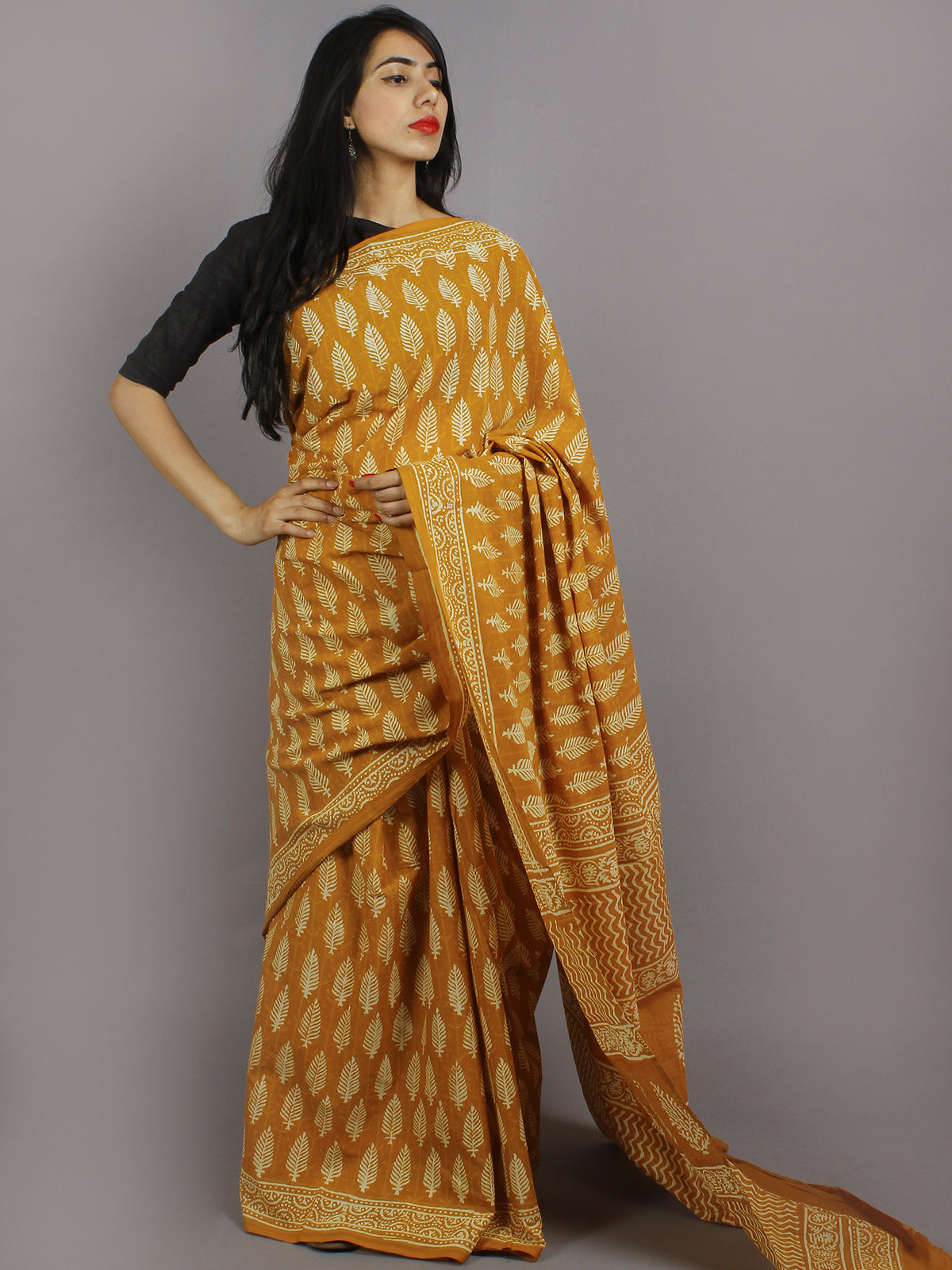 Mustard Yellow Ivory Hand Block Printed in Natural Colors Cotton Mul Saree - S031701229