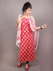 Pink Yellow Hand Block Printed Cotton Suit-Salwar Fabric With Chiffon Dupatta - S1628123