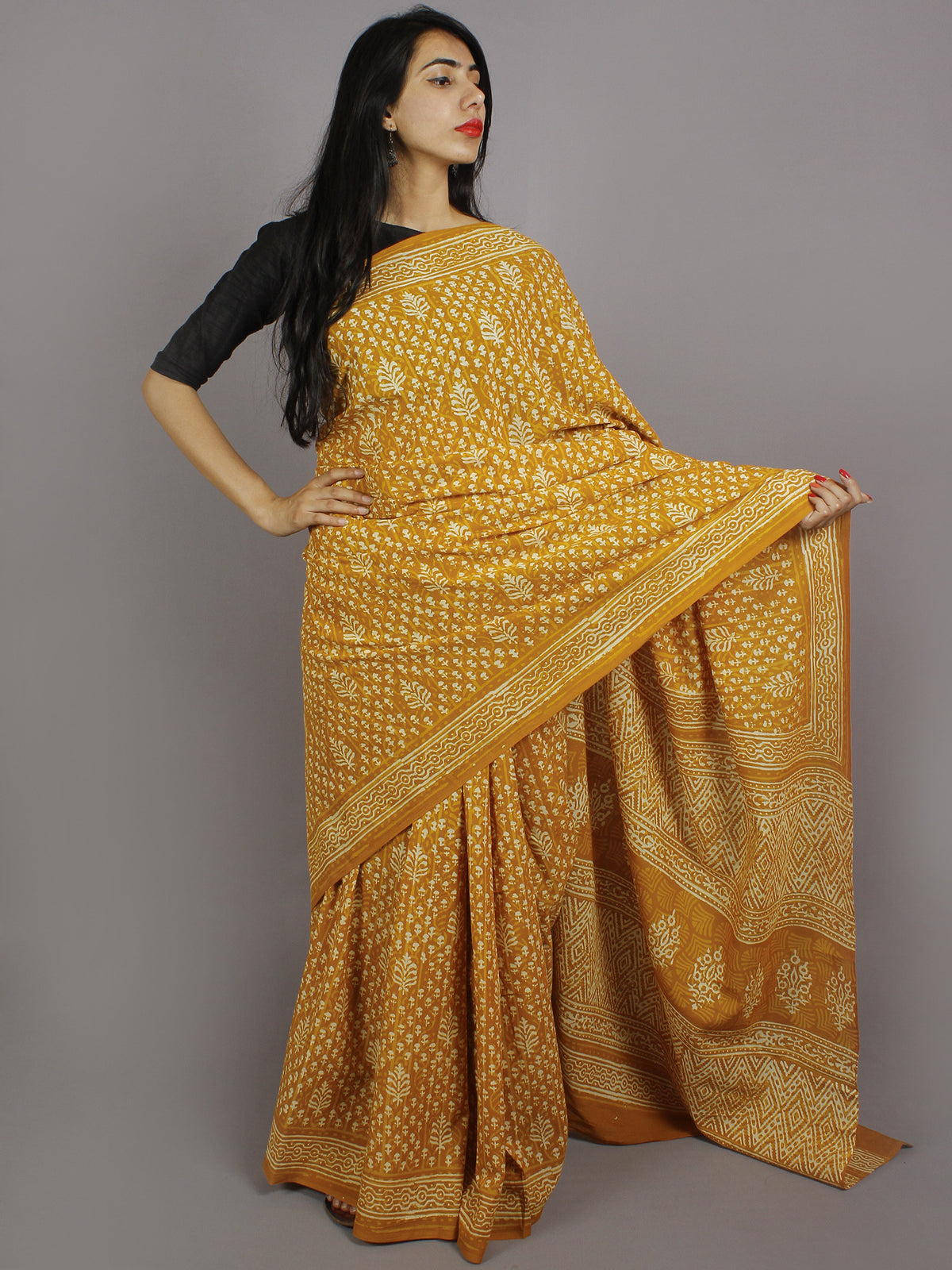 Mustard Yellow Ivory Hand Block Printed in Natural Colors Cotton Mul Saree - S031701230