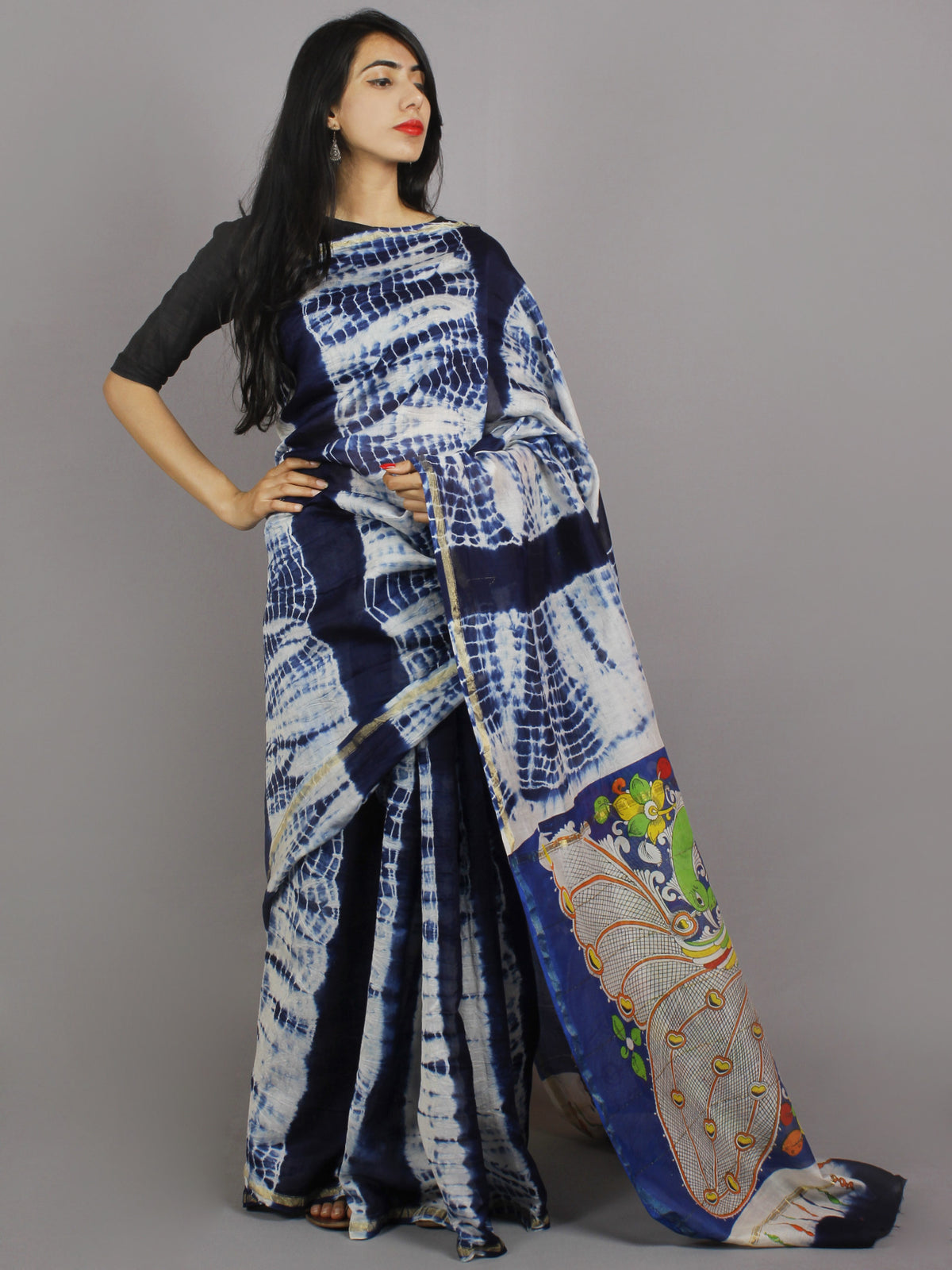 Indigo Ivory Multi Color Hand Shibori Dyed With Kalamkari Pallu Chanderi Silk Saree - S031701231