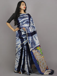 Indigo Ivory Multi Color Hand Shibori Dyed With Kalamkari Pallu Chanderi Silk Saree - S031701231