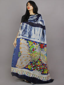 Indigo Ivory Multi Color Hand Shibori Dyed With Kalamkari Pallu Chanderi Silk Saree - S031701231