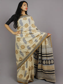 Beige Blue Brown Black Hand Block Printed in Natural Colors Cotton Mul Saree - S031701232