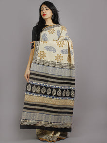 Beige Blue Brown Black Hand Block Printed in Natural Colors Cotton Mul Saree - S031701232