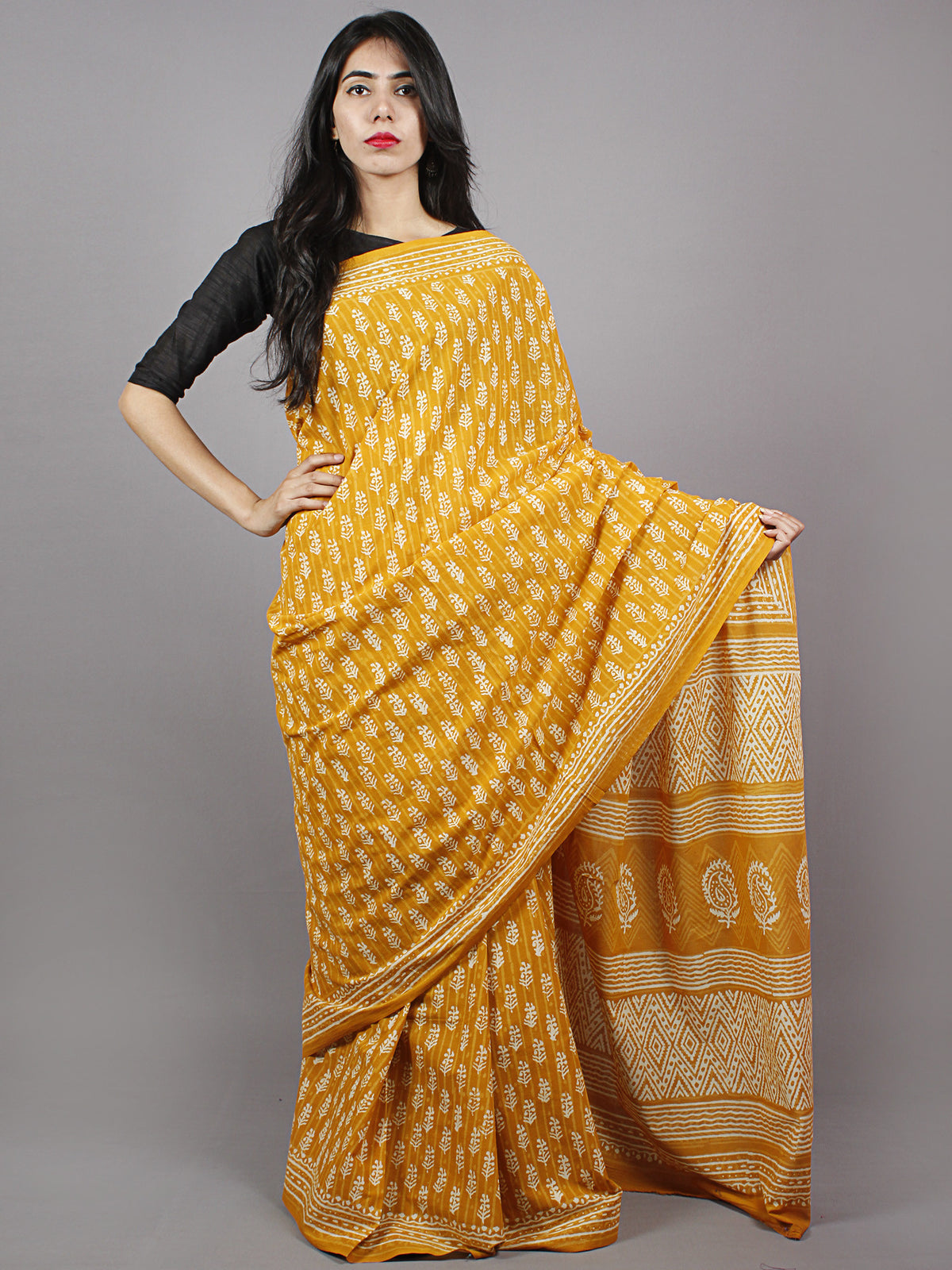 Mustard Yellow Ivory Hand Block Printed in Natural Colors Cotton Mul Saree - S031701233