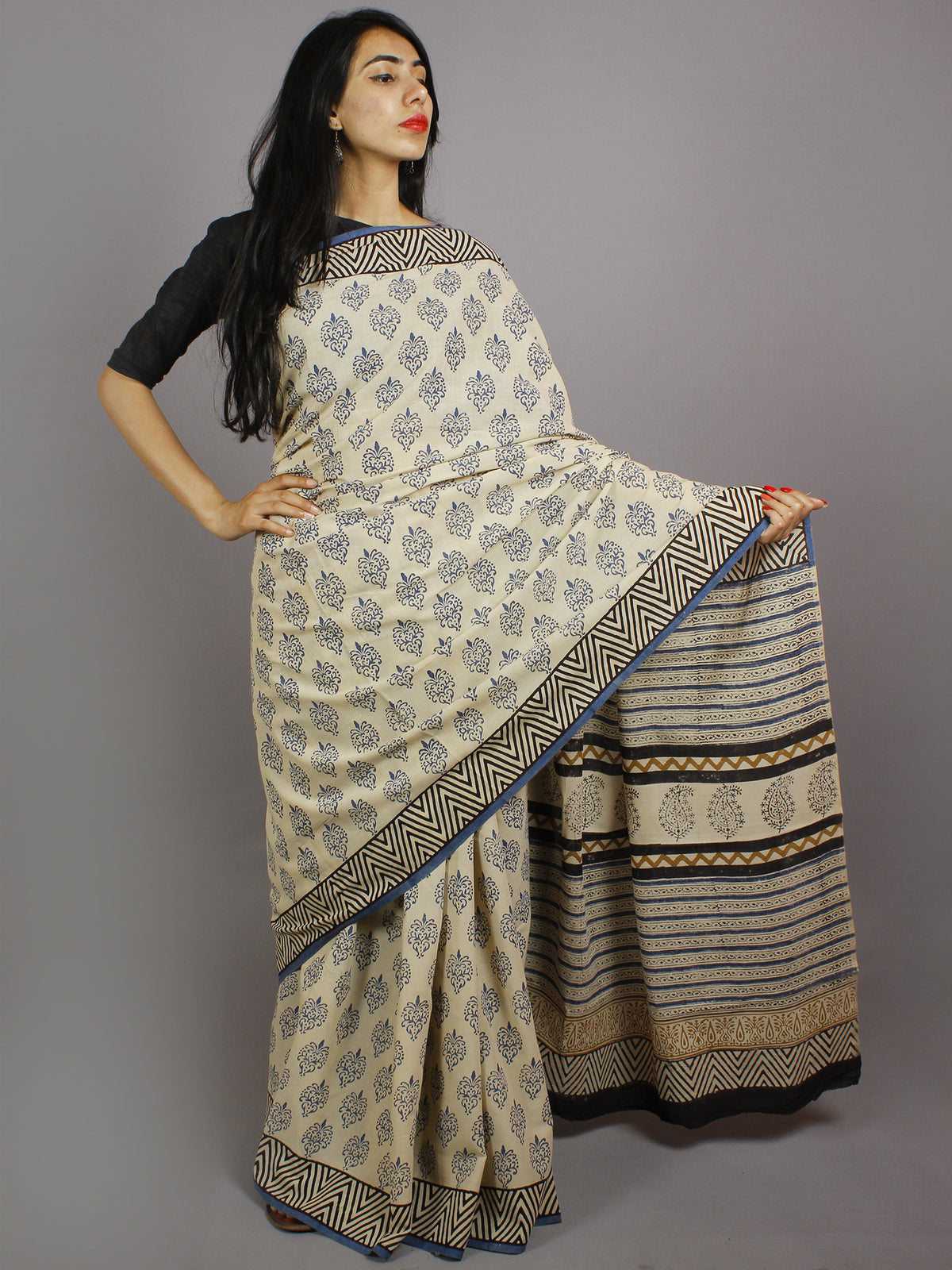 Beige Blue Black Hand Block Printed in Natural Colors Cotton Mul Saree - S031701234