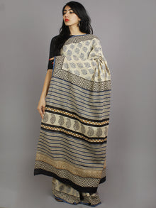 Beige Blue Black Hand Block Printed in Natural Colors Cotton Mul Saree - S031701234