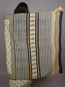 Beige Blue Black Hand Block Printed in Natural Colors Cotton Mul Saree - S031701234