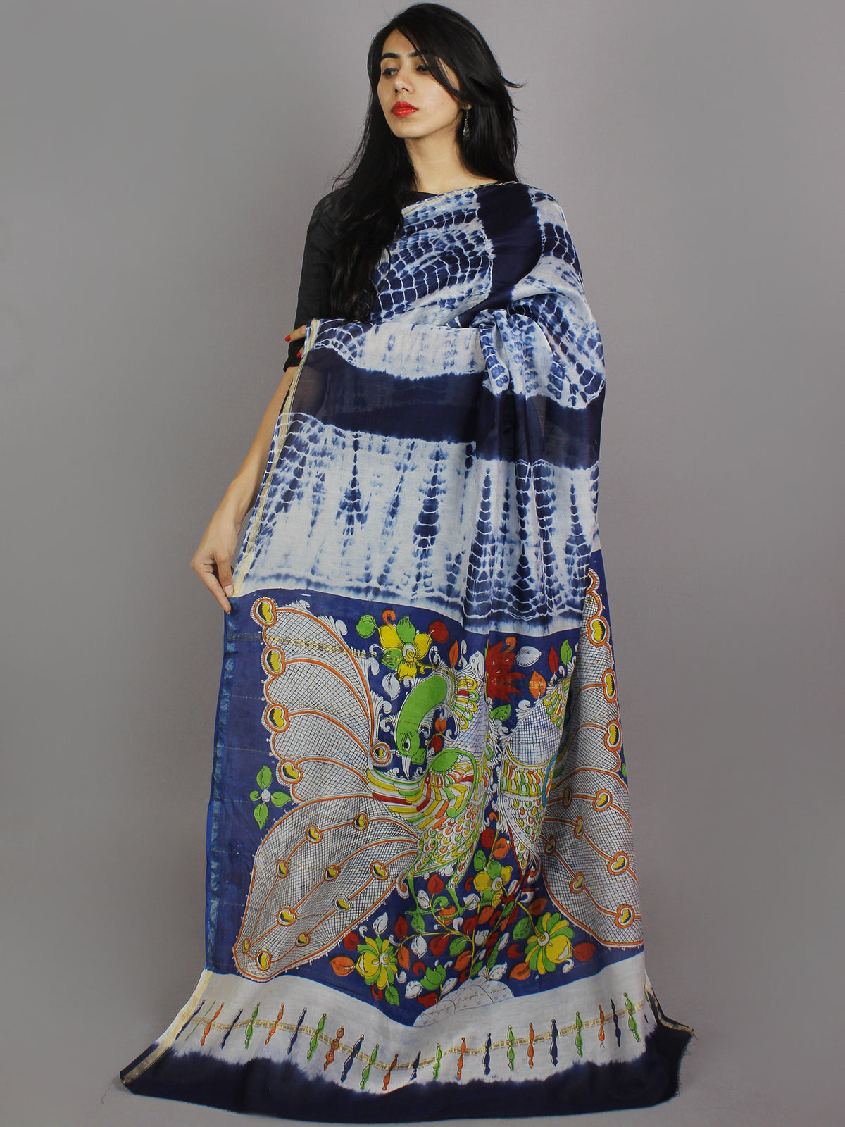 Indigo Ivory Multi Color Hand Shibori Dyed With Kalamkari Pallu Chanderi Silk Saree - S031701235