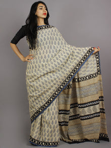 Beige Blue Black Hand Block Printed in Natural Colors Cotton Mul Saree - S031701238