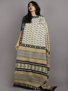 Beige Blue Black Hand Block Printed in Natural Colors Cotton Mul Saree - S031701238