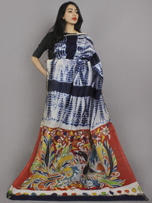Indigo Ivory Multi Color Hand Shibori Dyed With Kalamkari Pallu Chanderi Silk Saree - S031701239
