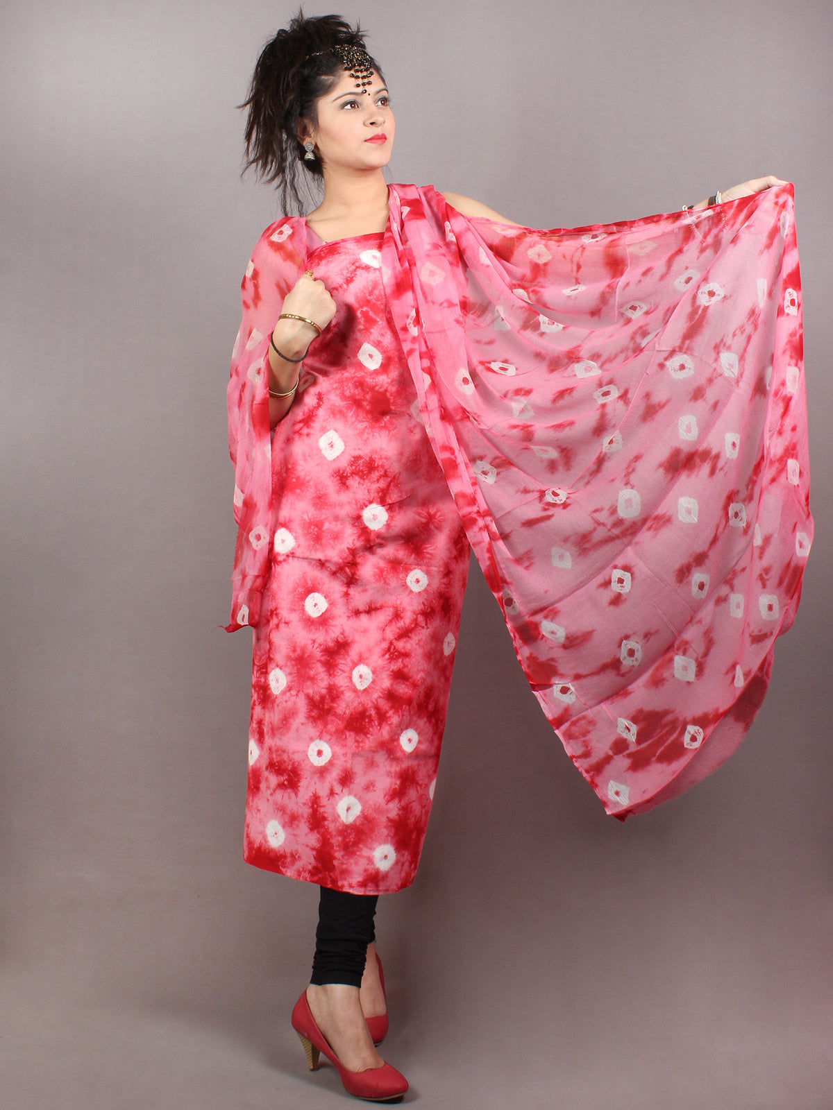 Light Pink Red White Hand Shibori Dyed Cotton Suit-Salwar Fabric With Chiffon Dupatta - S1628124