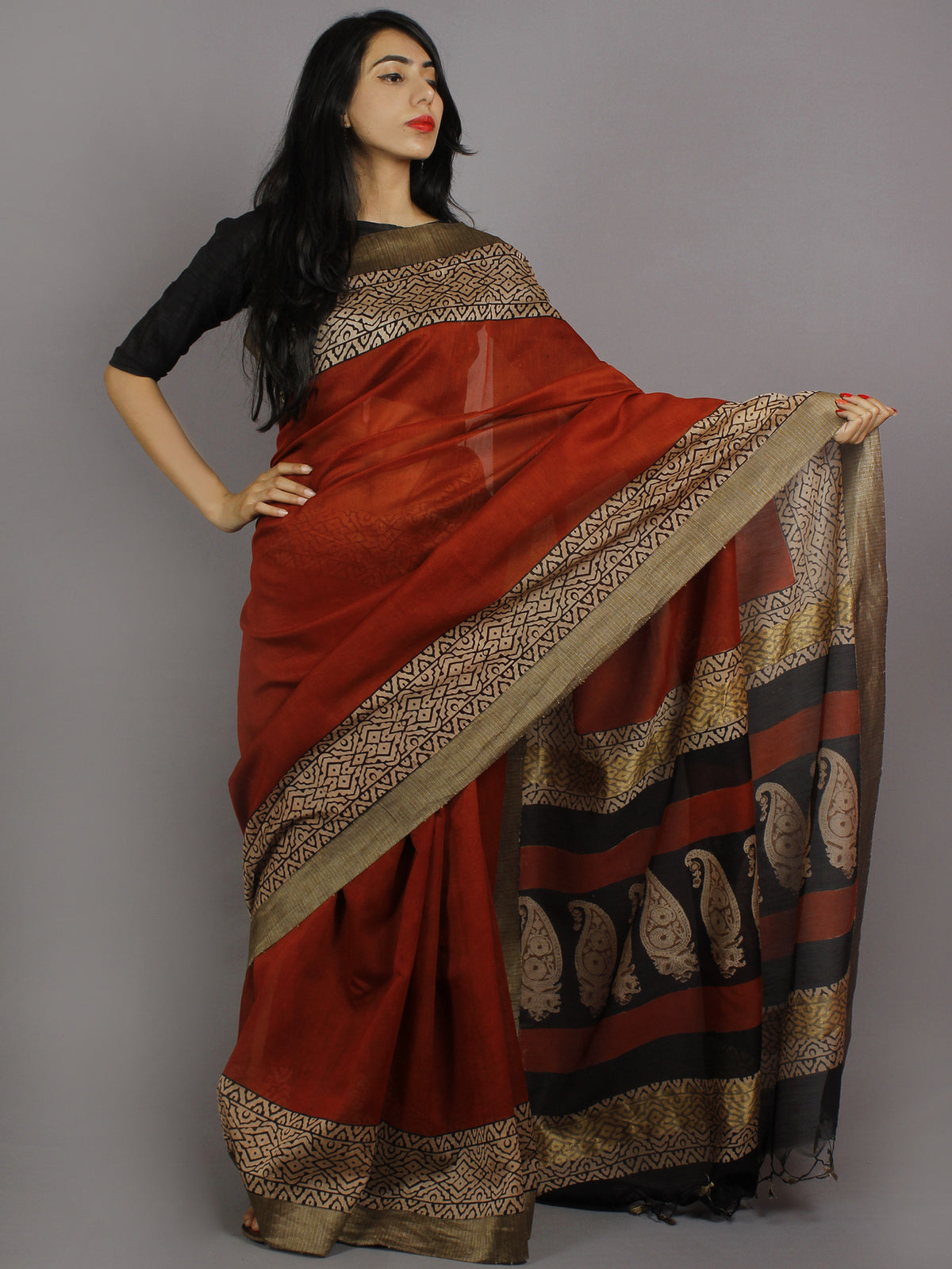 Maroon Beige Black Hand Block Printed & Hand Painted in Natural Vegetable Colors Chanderi Saree With Ghicha Border - S031701240