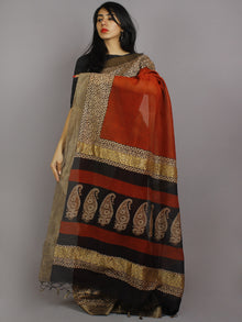 Maroon Beige Black Hand Block Printed & Hand Painted in Natural Vegetable Colors Chanderi Saree With Ghicha Border - S031701240