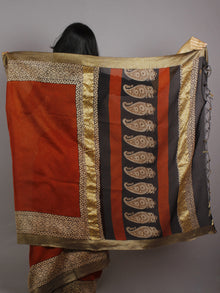 Maroon Beige Black Hand Block Printed & Hand Painted in Natural Vegetable Colors Chanderi Saree With Ghicha Border - S031701240