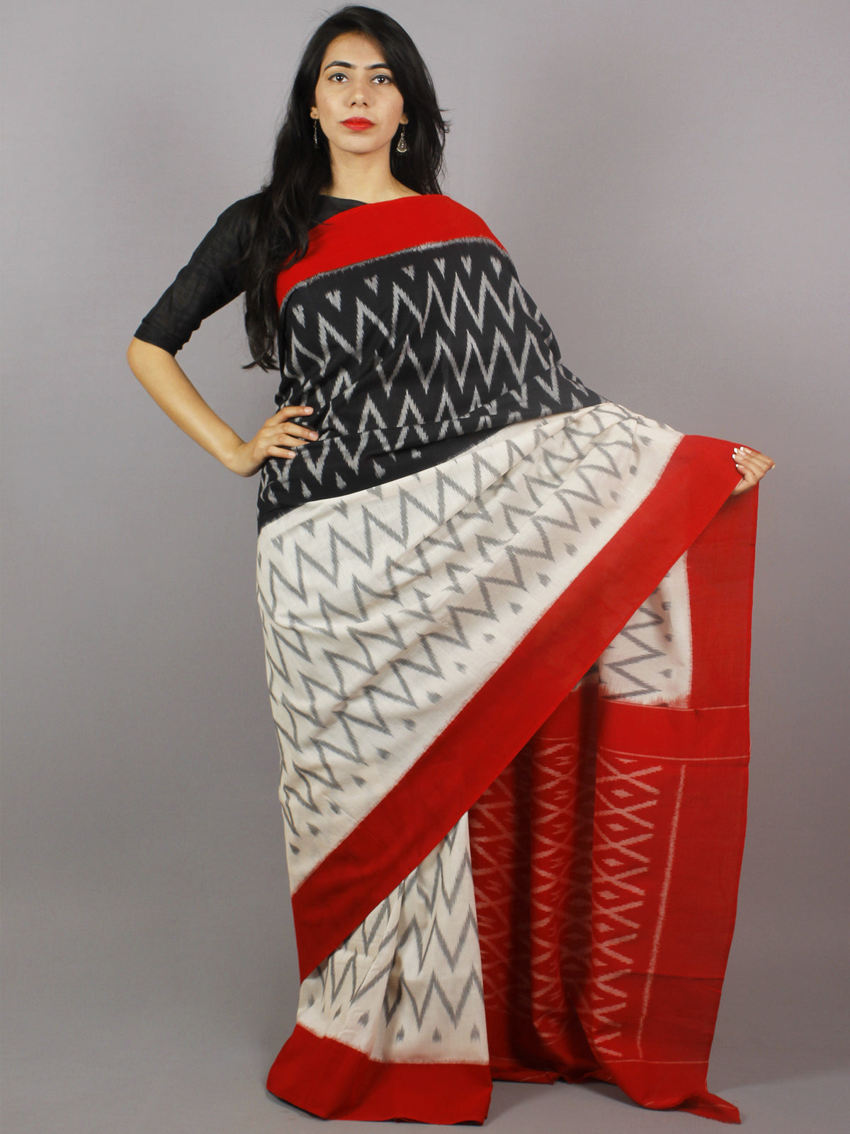 Black Ivory Grey Red Ikat Handwoven Pochampally Mercerized Cotton Saree - S031701242