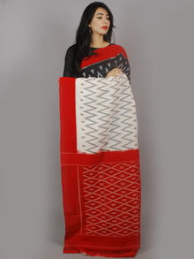 Black Ivory Grey Red Ikat Handwoven Pochampally Mercerized Cotton Saree - S031701242