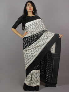 Black Ivory Grey Ikat Handwoven Pochampally Mercerized Cotton Saree - S031701243