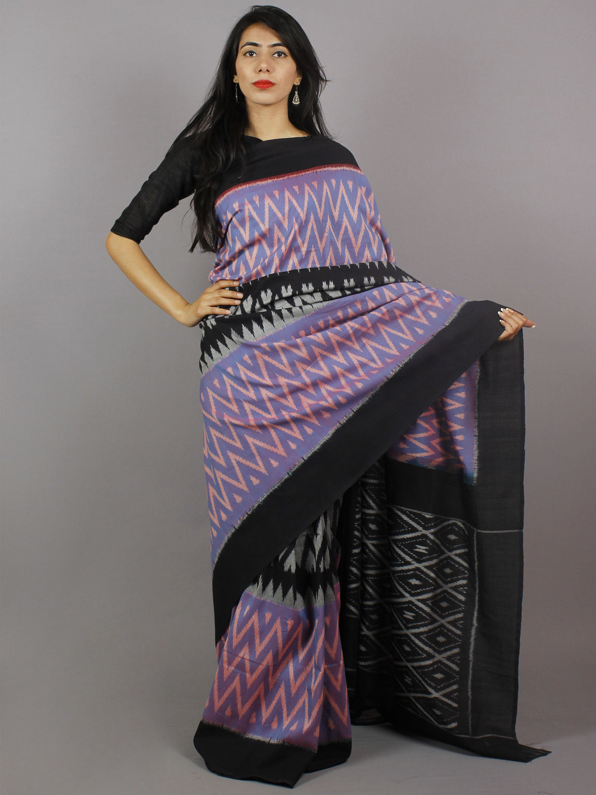 Purple Black Grey Pink Ikat Handwoven Pochampally Mercerized Cotton Saree - S031701244