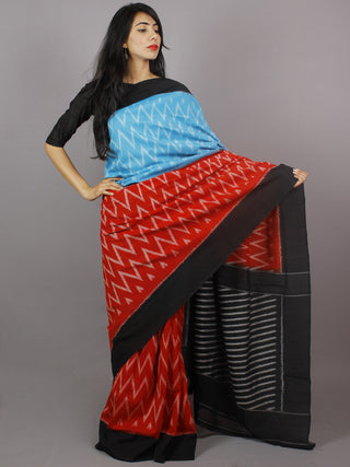 Azure Red Black Grey Ikat Handwoven Pochampally Mercerized Cotton Saree - S031701246