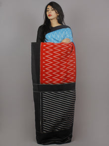 Azure Red Black Grey Ikat Handwoven Pochampally Mercerized Cotton Saree - S031701246