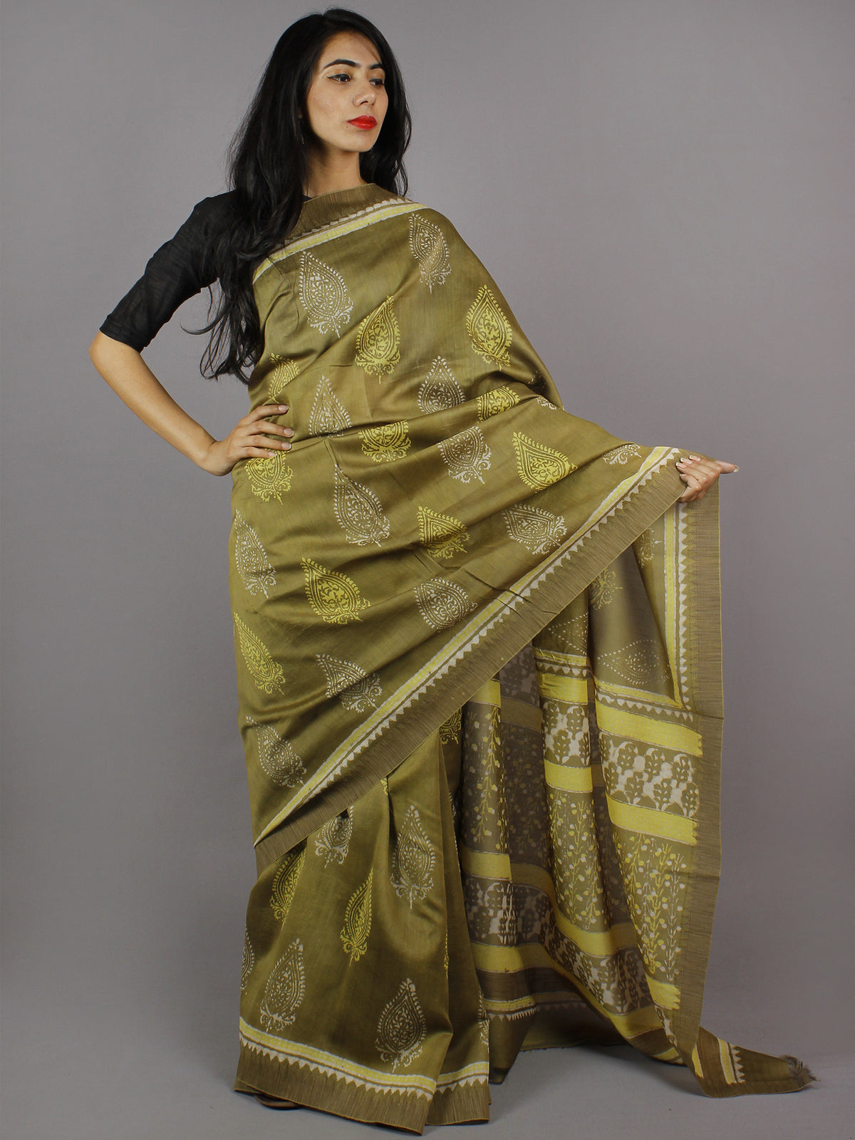 Tortilla Brown Green Ivory Black Hand Block Printed in Natural Vegetable Colors Chanderi Saree With Geecha Border - S03170712