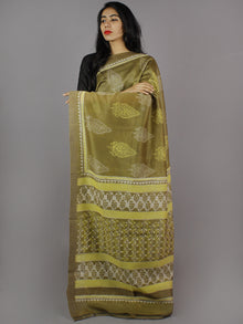 Tortilla Brown Green Ivory Black Hand Block Printed in Natural Vegetable Colors Chanderi Saree With Geecha Border - S03170712