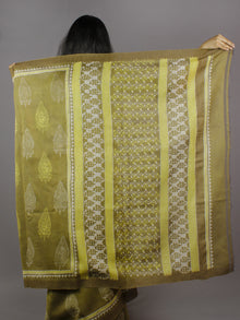 Tortilla Brown Green Ivory Black Hand Block Printed in Natural Vegetable Colors Chanderi Saree With Geecha Border - S03170712